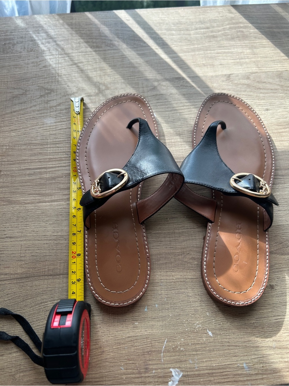 Coach Black Leather Thong Sandals with Gold Buckle Trim - Picture 5 of 5
